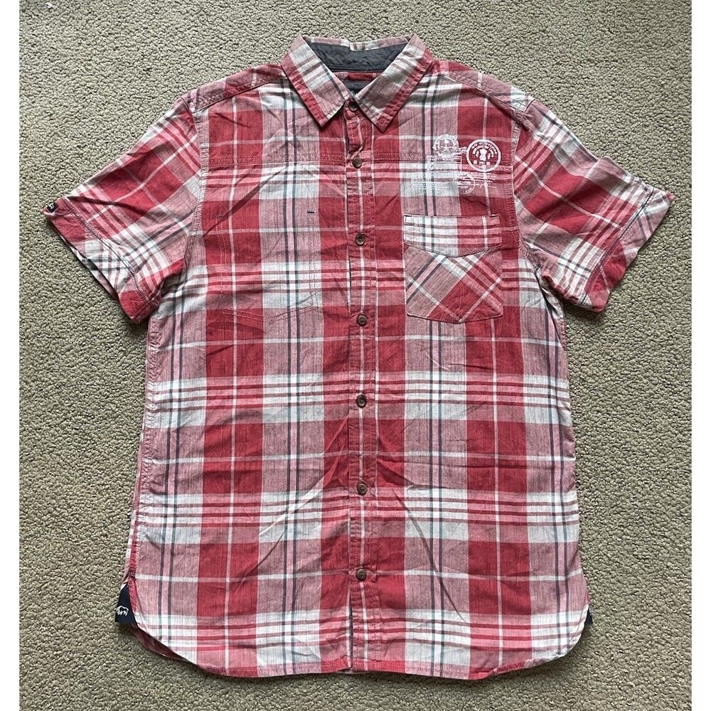 Y2K Buffalo David Bitton Plaid Short Sleeve Shirt Mens S Red Graphic Vintage